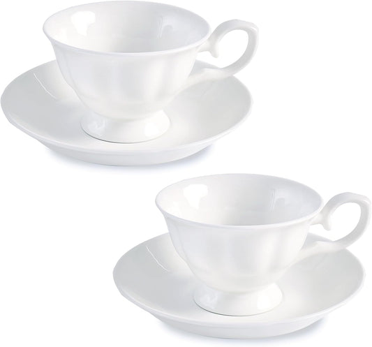 Fine Bone China Coffee Cups with Saucers, Set of 2 Vintage British Royal Style Ceramic Tea Cups, 4 Oz Small Tea Cup and Saucer Set for Afternoon Tea or Gift