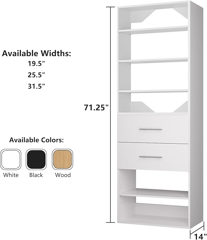ROOMTEC Modular Closet System, 25.5" 2 Drawer Shelf Closet Tower Wall-Mounted - Image 7