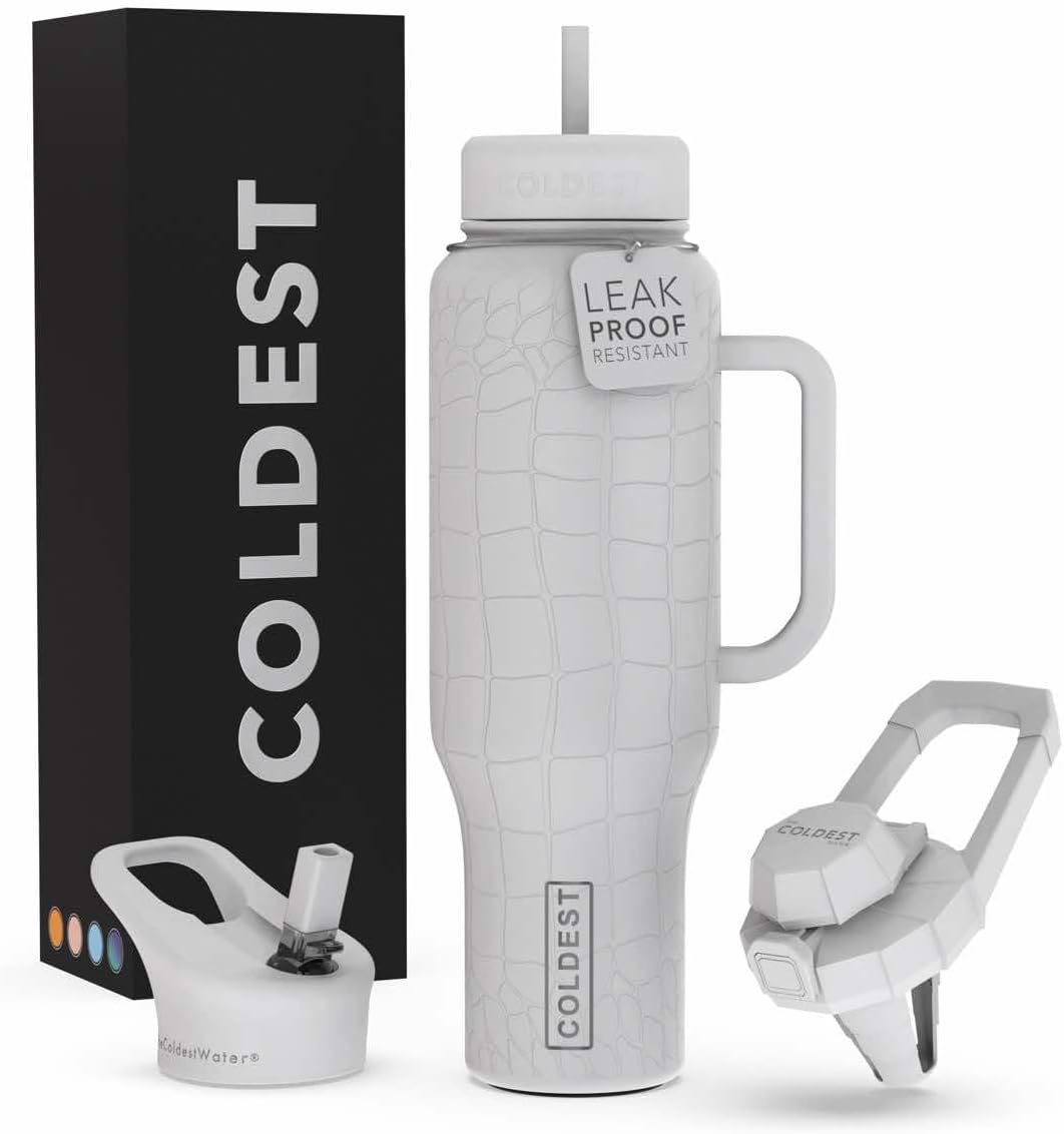 Coldest 40 oz Tumbler with Handle and Straw - 100% Leak Proof Insulated Tumbler with Lid and Straw (3 Lids) - Stainless Steel Tumblers for Women & Men - Cup Holder Friendly Base, 46 oz (White Croc)