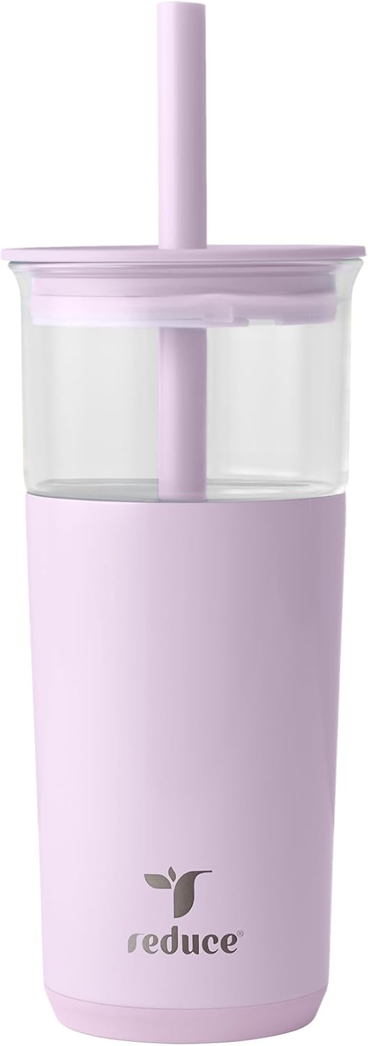 REDUCE Aspen 20 oz Vacuum Insulated Glass Tumbler with Lid & Extra Wide Straw - Keeps Drinks Cold for 12 Hrs - Ideal for Iced Coffee, Smoothies & Boba - Dishwasher Safe, Soft Base - Lilac Bud