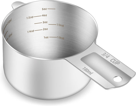 1PCS 3/4Cup (180ml, 6oz) Single Measuring Cup, Etched Inner Scale Stainless Steel Measure Scoop, Metric and US Measurement, Dishwasher Safe
