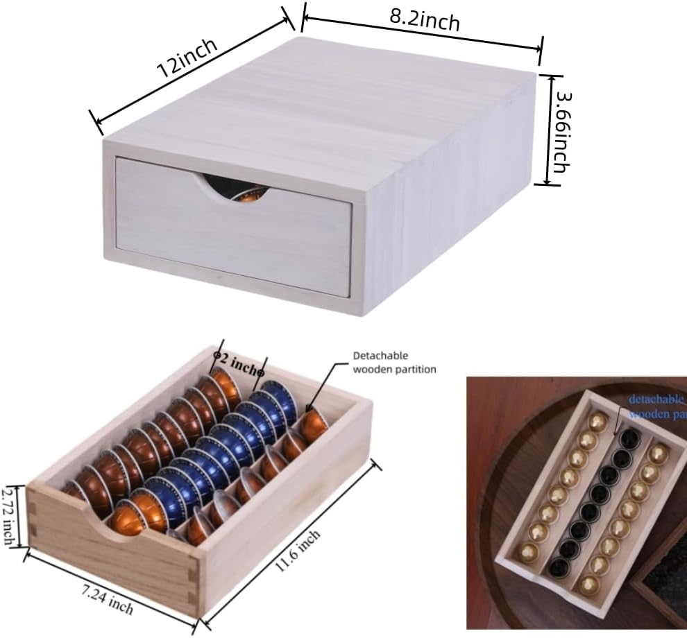 Wood Storage Drawers Organizer for Coffee Pod Holder- Kitchen Counter K Cup Drawer for Coffee Maker Stand Pod Capsule Storage Organization Coffee Accessories- Multi Purpose Desk Drawers 1D1C-WH