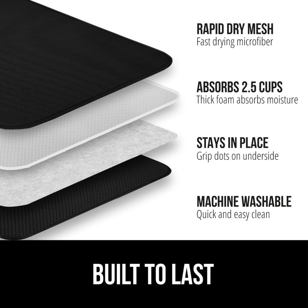 GORILLA GRIP Ultra Water Absorbent Microfiber Dish Drying Mat, Quick Dry Thick Mesh, Slip Resistant Pad for Sink Dishes or Under Rack, Kitchen Counter Accessories, 16x18, Machine Wash Mats, Black