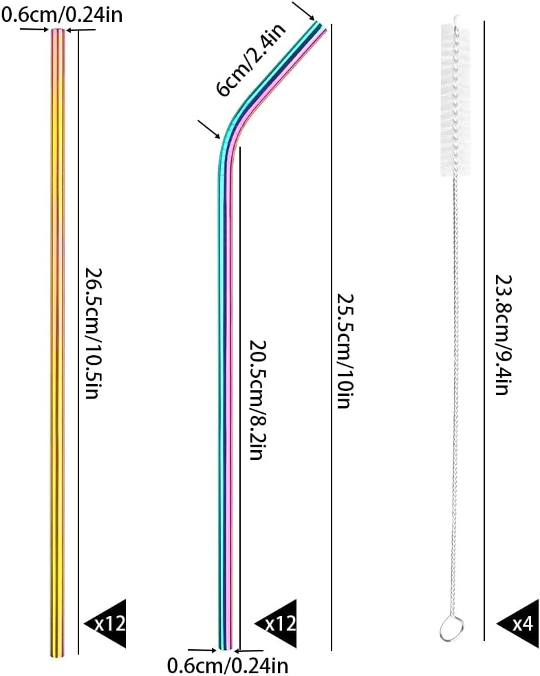 [24 PCS] Value Pack Reusable Stainless Steel Straws in Bulk Extra Long 10.4 inch Colorful,Tomorotec Metal Straw Sets with Cleaning Brushes,12 Straight 12 Bent For Tumblers Beverage Drink Cocktail