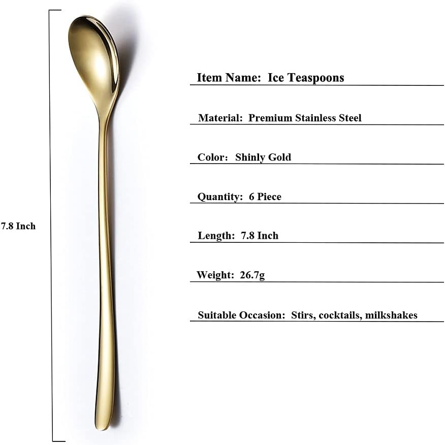 Gold Long Handle Coffee Spoons, Premium Stainless Steel Stirrers for Ice Tea, Ice Cream, Cocktails - Set of 6