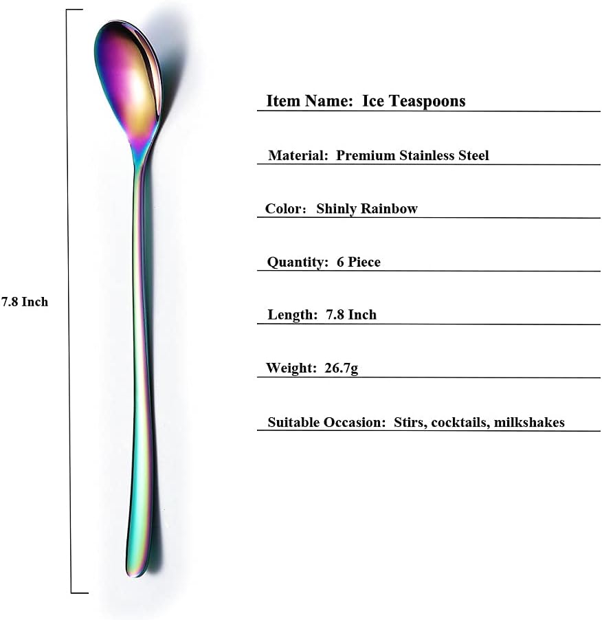 Rainbow Long Handle Spoons, Coffee Stirrers, Premium Stainless Steel Coffee & Ice Cream Spoons, Set of 6 (Colorful)