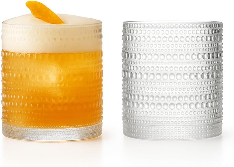 LEMONSODA Hobnail Drinking Glasses Set of 2 – Vintage Clear Lowball Glass Cups 10oz – Textured Barware Aesthetic Retro Glassware Tumblers for Water, Cocktails, Whiskey, Juice (Lowball 10oz, Set of 2)