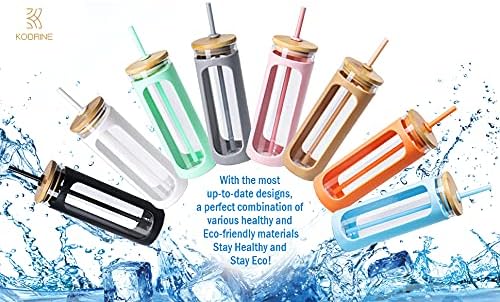Kodrine 20oz Glass Water Tumbler with Straw and Lid, Bamboo Lids Water Bottle, Iced Coffee Cup Reusable, Wide Mouth Smoothie Cups with Protective Silicone Sleeve BPA FREE-Light Blue