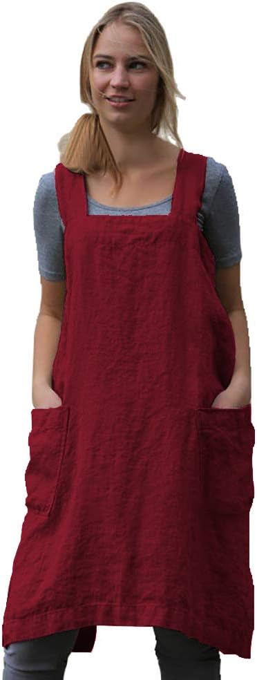 Women's Pinafore Square Apron Baking Cooking Gardening Works Cross Back Cotton/Linen Blend Dress with 2 Pockets