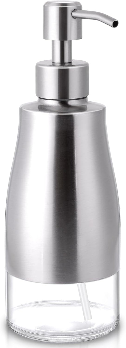 Non-Slip Soap Dispenser with Brushed Nickel Stainless Steel Case, Glass Liner, and Hand Pump for Kitchen/Bathroom. Refillable Liquid Soap Dispenser, 11oz/320ml Capacity.