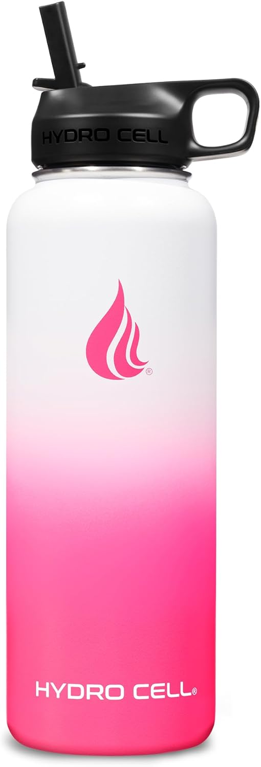 HYDRO CELL Stainless Steel Insulated Water Bottle with Straw - For Cold & Hot Drinks - Metal Vacuum Flask with Screw Cap and Modern Leakproof Sport Thermos for Adults (White/Pink 40oz)