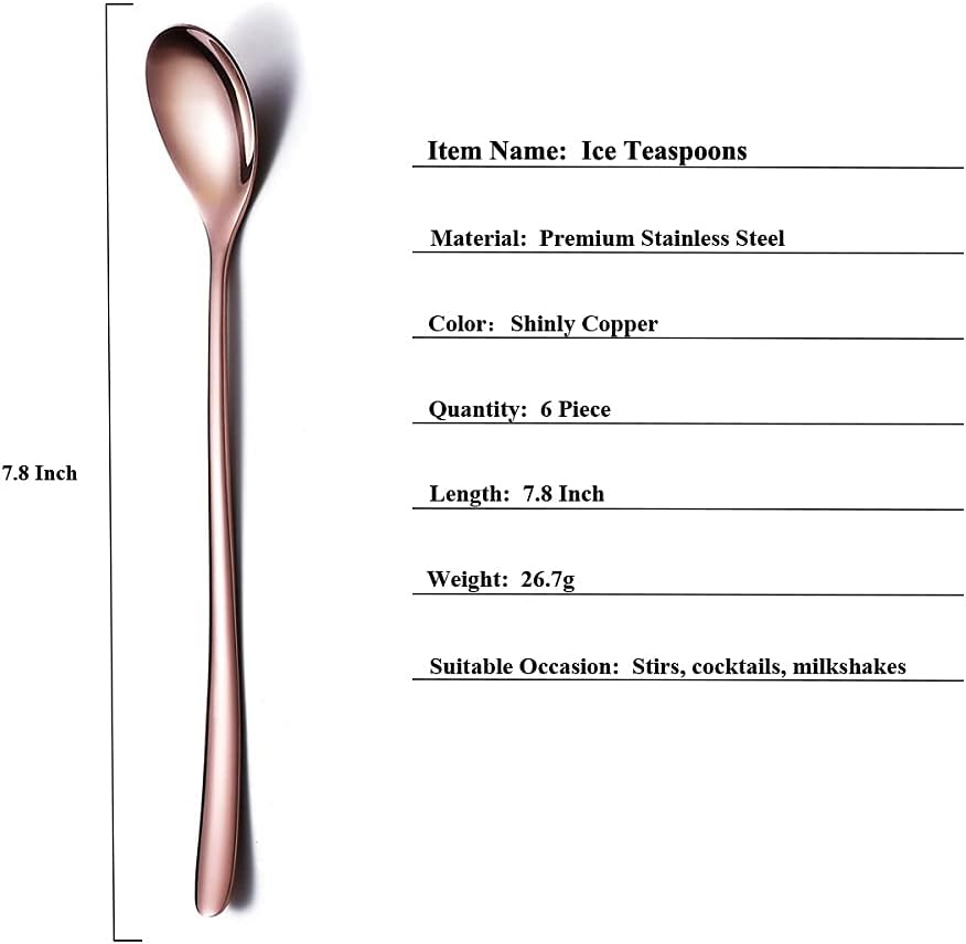 Premium Rose Gold Set of 6 Stainless Steel Long Handle Stirrers and Spoons for Coffee, Ice Tea, Ice Cream, Cocktails