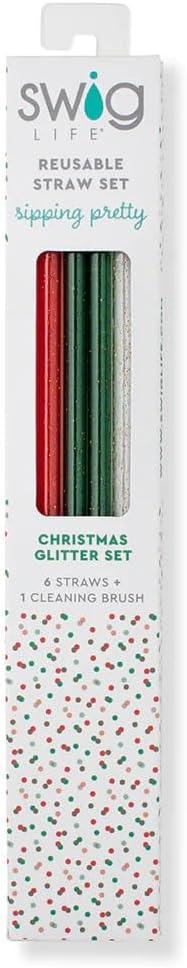 Swig Life Reusable Straws Christmas Glitter Tall Straw Set & Cleaning Brush, Each Straw is 10.25 inch Long (Fits Swig Life 20oz Tumblers, 22oz, and 32oz Tumblers)