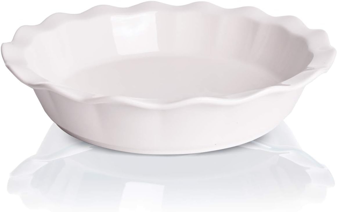 Bosmarlin Ceramic Pie Pan, 9 Inches Pie Dish, 50 Oz, Pie Plate for Baking, Microwave, Oven Safe and Dishwasher safe (White, 9 inches)
