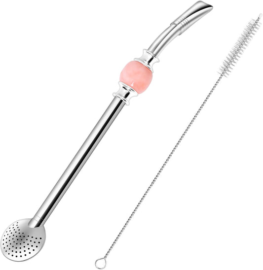 Reusable Bombilla Yerba Mate Straw - Stainless Steel Removable Spoon Style Filter with a Beautiful Bead - Metal Straw for Drinking Loose Leaf Tea - Includes Cleaning Brush(Pinks)