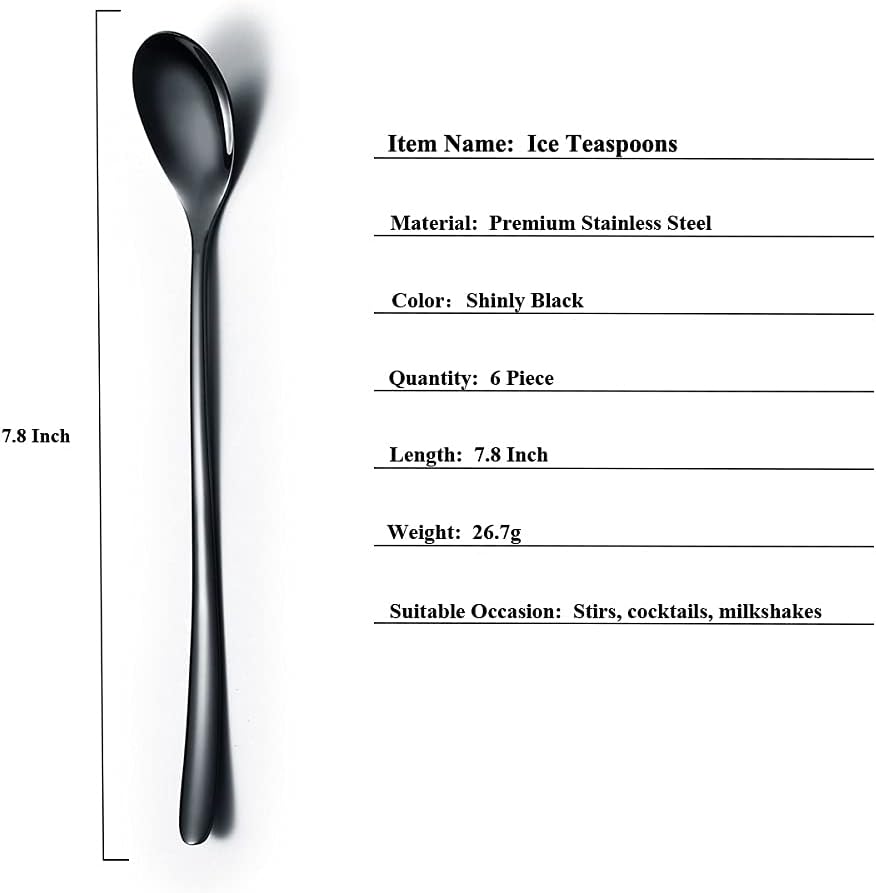 Black Long Handle Spoon, Coffee Stirrers, Premium Stainless Steel Ice Tea Spoons, Ice Cream Spoon, Cocktail Stirring Spoons, Set of 6 (Black)