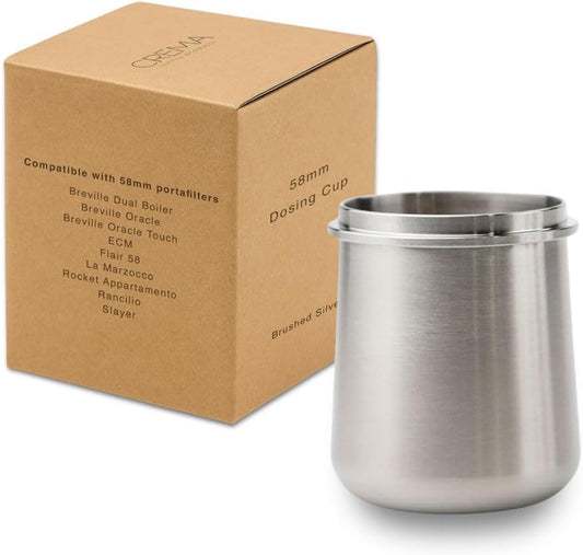 Crema Coffee Products 58mm Dosing Cup | Compatible with Breville Portafilters etc | Durable 100% Stainless Steel | Built-In Grinder Tab for Easy Transfer | Sleek, Mess-Free Design | Silver Finish