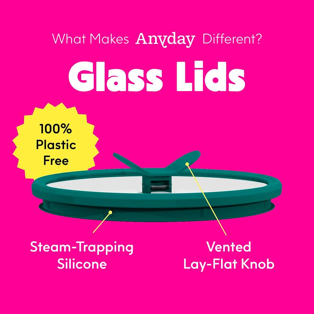 Anyday 4-Cup Glass Food Storage with Glass Lid, Round Shallow Dish | Plastic-Free Meal Prep & Microwave Cookware | Stackable Airtight Storage Container with Vented Lid for Microwave-Safe Reheating