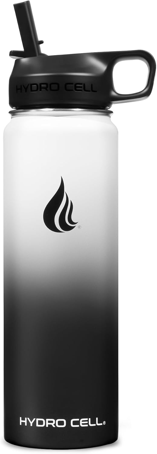 HYDRO CELL Stainless Steel Insulated Water Bottle with Straw - For Cold & Hot Drinks - Metal Vacuum Flask with Screw Cap and Modern Leakproof Sport Thermos for Adults (Black/White 24oz)