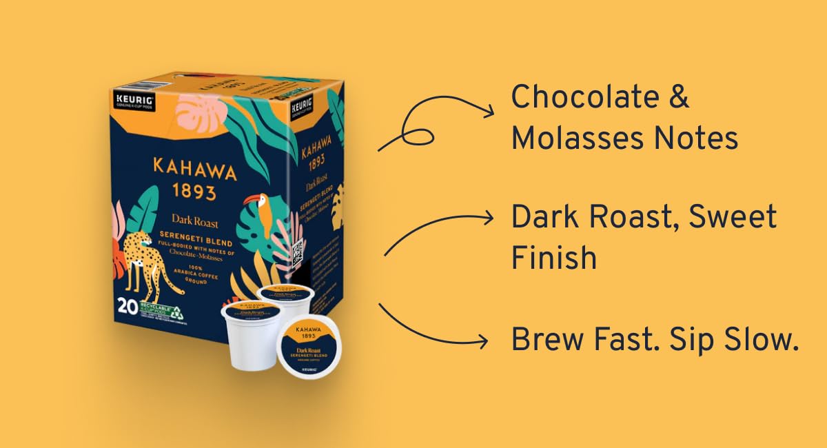 Kahawa 1893 Dark Roast Coffee K-Cup Pods Serengeti Blend (20 Count) - As Seen on Shark Tank, Low Acid, High Antioxidants, Naturally Sweet, Organically Grown, Ethically & Sustainably Sourced
