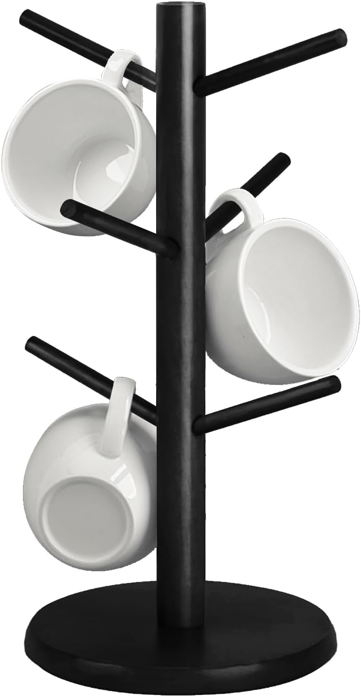 Wooden Mug Holder Tree, Coffee Cup Holder, Mug Organizer with 6 Hooks (Black)