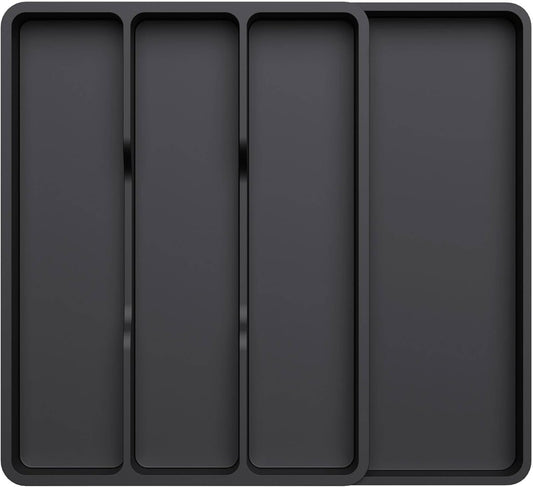 Lifewit Utensil Drawer Organizer, Expendable Cooking Silverware Tray for Kitchen Drawer, Adjustable Cutlery Flatware Holder, Plastic Spatula Tools and Gadgets Storage Divider, 4 Compartments, Black