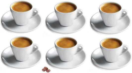 CUISINOX Italian Classic White Porcelain Espresso Cups and Saucers – Set of 6, 2 oz – Coffee Cups for Espresso Shots, Cappuccino, Latte – Perfect for Home and Coffee Bar Accessories
