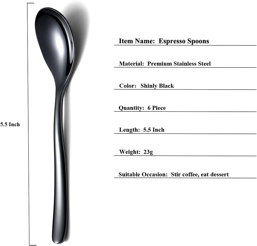 Black Demitasse Espresso Spoons, 5.5'' Mini Coffee Spoons, Set of 6, Stainless Steel, Dishwasher Safe
