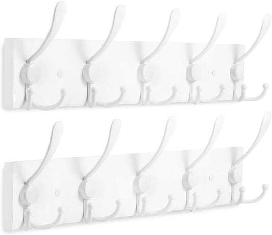 2pcs Coat Rack Wall Mount Coat Hooks Wooden Hat Rack for Wall Hooks Pine Real Wood Plank 16.9" White Coat Hanger with 5 White Triple Hooks for Hanging Coat Hat Jacket