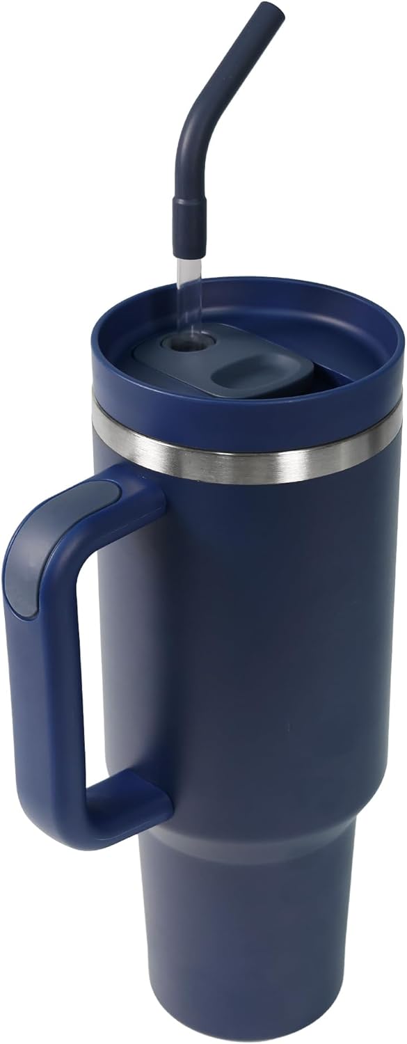 40 oz Water Bottle with Handle & Straw – Insulated Stainless Steel Bottle, Leakproof, Fits in Cup Holder – Reusable Cold Drink Thermos for Women & Men (Blue)