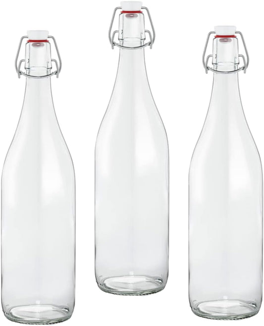 Le Parfait Pitchers | 32oz (Pack of 3) 1 Liter Glass Swing Top Milk Pitcher with Printed Logo & Airtight Swing Stopper | Glass Pitcher for Drinks, Smoothie, Preserving Juices & Salad Dressing