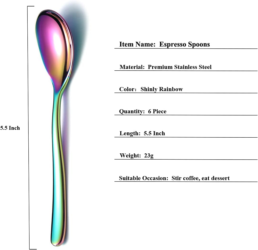 Rainbow Demitasse Espresso Spoons, 5.5'' Mini Coffee Spoons, Set of 6, Stainless Steel, Dishwasher Safe