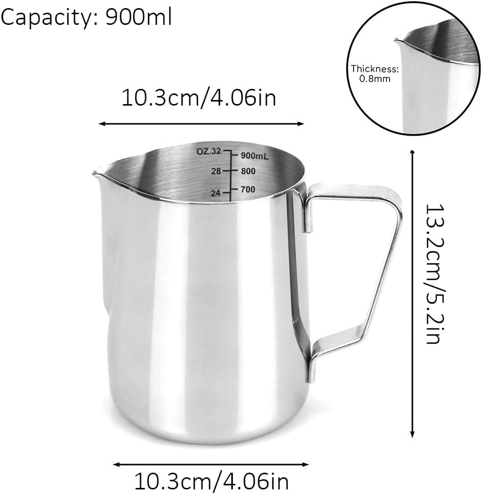 32oz Milk Frothing Pitcher, Stainless Steel Espresso Latte Cup Steaming Pitcher Creamer Cup, Milk Frother Cup Espresso Machine Accessories Barista Tools Jug for Coffee Cappuccino with Latte Art Pen