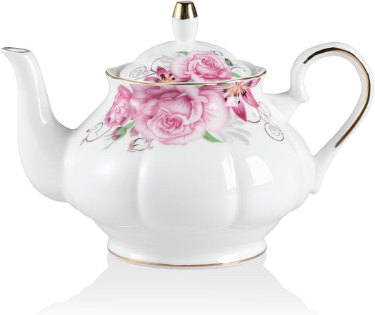 Sweejar Ceramic Teapot with Infuser, Floral Relief Gold Rimmed Teapot, 29 OZ Porcelain Tea Pot for Blooming and Loose Tea, Coffee...(Flower)