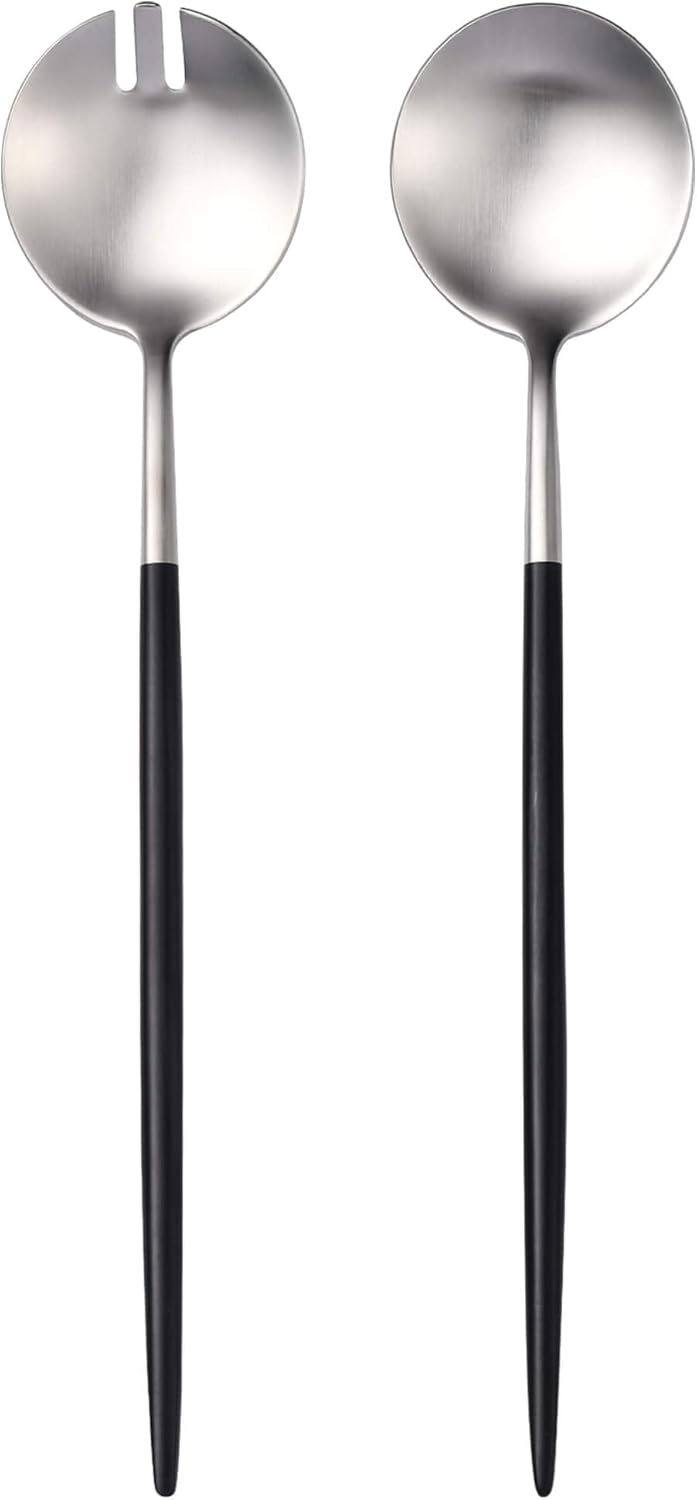 Lemeya Silver Black Salad Serving Utensils,Serving Spoons Stainless Steel,2Pcs Long Handle Salad Servers 11.42 Inch,Salad Utensils for Serving,Matte Finish,Dishwasher Safe