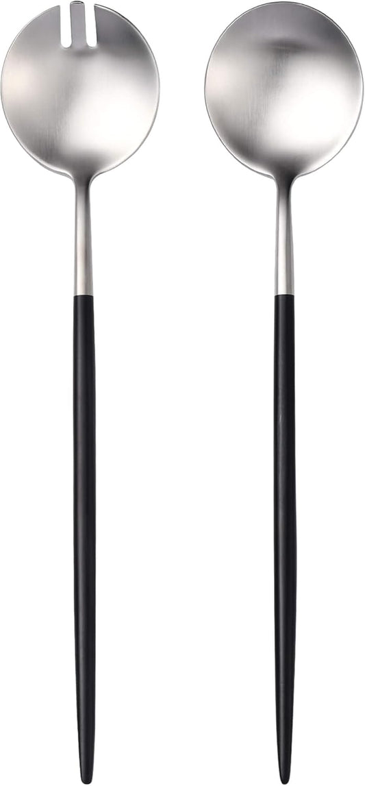 Lemeya Silver Black Salad Serving Utensils,Serving Spoons Stainless Steel,2Pcs Long Handle Salad Servers 11.42 Inch,Salad Utensils for Serving,Matte Finish,Dishwasher Safe