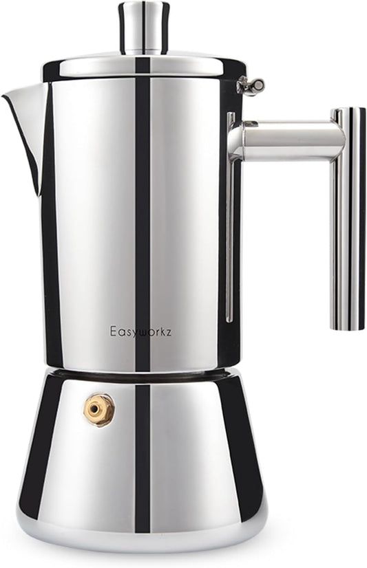 Easyworkz Diego Stovetop Espresso Maker Stainless Steel Italian Coffee Machine Maker 6Cup 10 oz Moka Pot Induction Espresso Pot