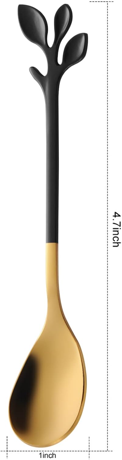 AnSaw 8-Pack Elegant Black & Gold Leaf 4.7" Espresso Spoons - Stainless Steel, Perfect for Coffee, Demitasse, Dessert & Tea, Mini Size for Small Servings