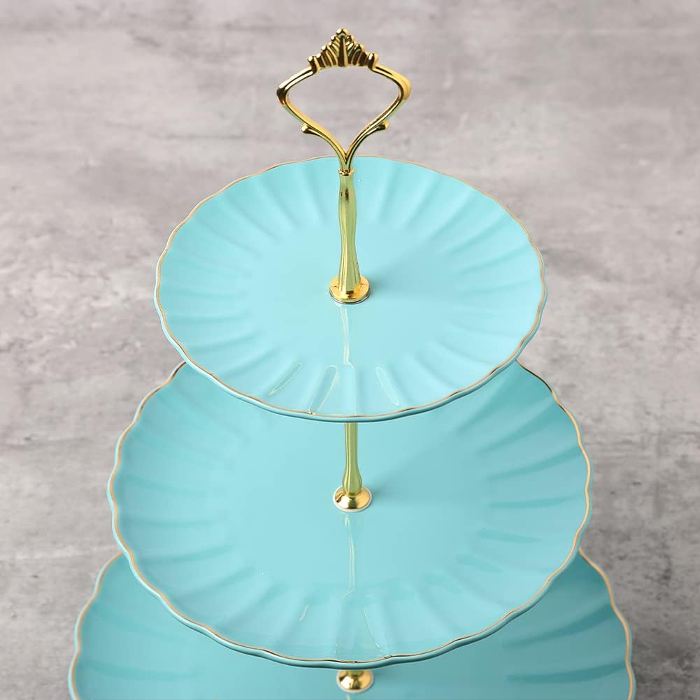 Sweejar 3 Tier Ceramic Cake Stand Wedding, Dessert Cupcake Stand for Tea Party Serving Platter (Turquoise)