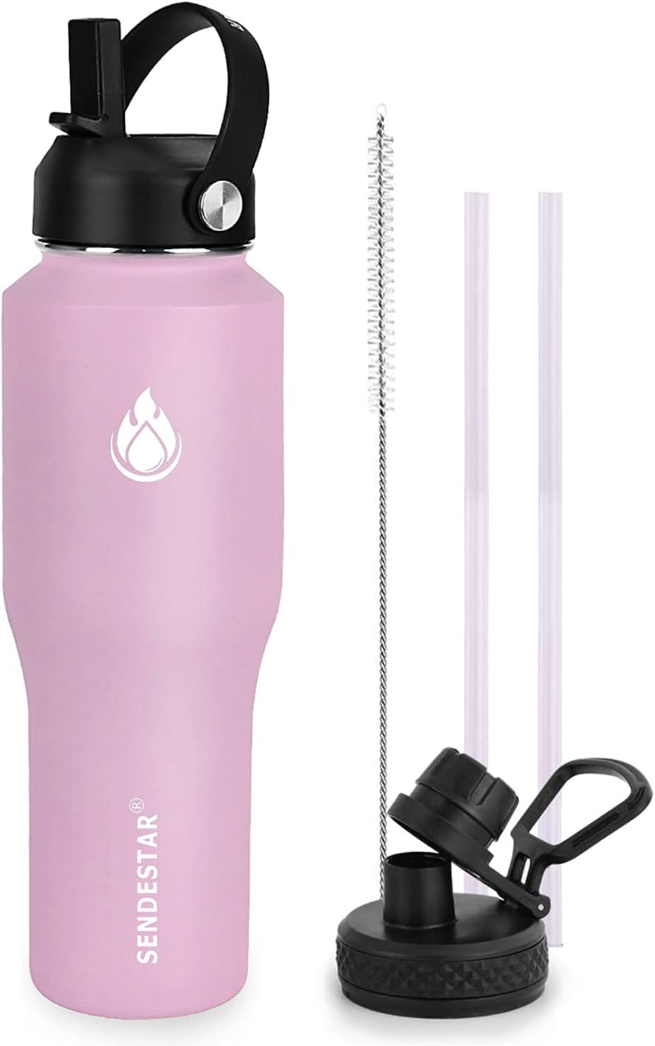SENDESTAR Water Bottle 32oz,2 Lids(Straw lid),Wide Mouth Stainless Steel Vacuum Insulated Double Wall Keep Liquids Cold or Hot All Day,Sweat Proof Sport Design,Fit Car Cup Holder(Peach)