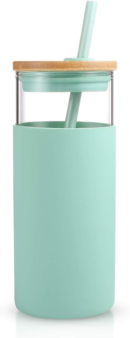 Tronco 20oz Glass Tumbler Glass Water Bottle Straw Silicone Protective Sleeve Bamboo Lid - BPA Free (Midnight Green/ 1 Pack)