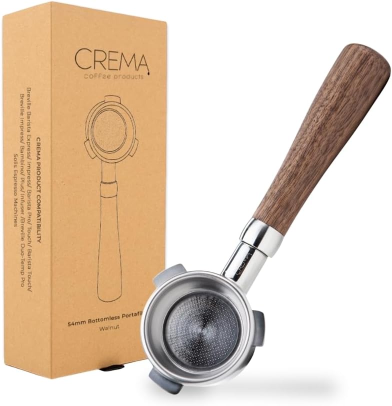 Crema Coffee Products 54mm Bottomless Naked Portafilter | Compatible with 54mm Breville Machines | Includes Double Shot Filter Basket | Walnut