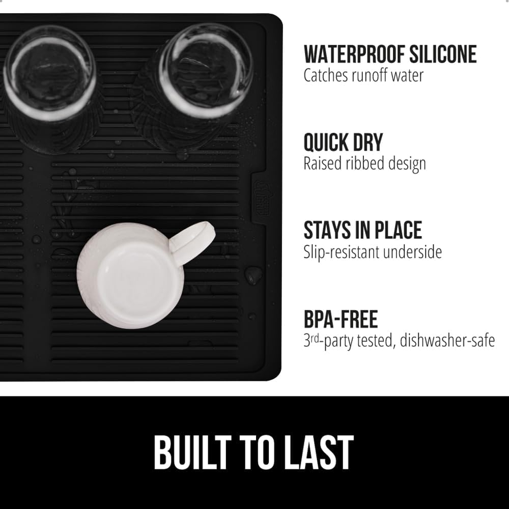 GORILLA GRIP 100% BPA-Free Patented Silicone Dish Drying Mat for Kitchen Counter, 18x16 Inch, Water Catching Ribbed Design, Easy Clean Waterproof Sink Liner, Heat Resistant, Fits Under Rack, Black