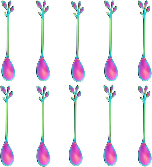 AnSaw Elegant Rainbow Leaf Coffee Spoons - 10-Piece, 4.7" Mini Stainless Steel Espresso & Dessert Tea Spoons, Perfect for Demitasse & Small Servings