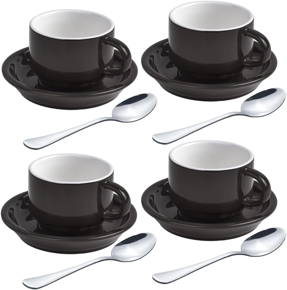 homEdge Premium Espresso Shot Cups and Saucers Set with Espresso Stainless Steel Spoons - 2.5 oz, Set of 4, Black