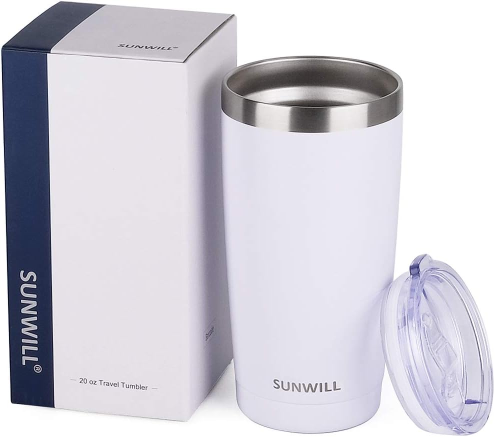 SUNWILL Travel Coffee Tumbler 20 oz, Insulated Mug with Lid, Stainless Steel Cup for Hot and Cold Drinks, Powder Coated White