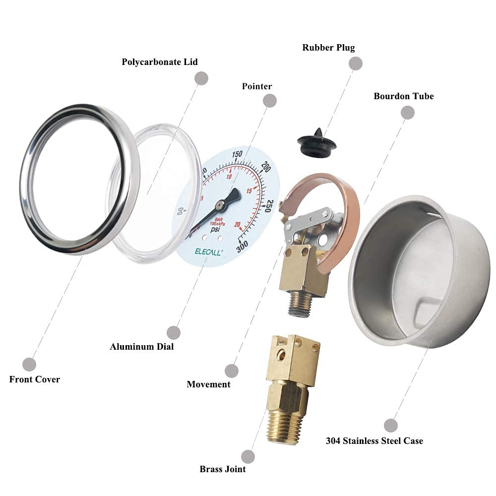 ELECALL 2-1/2" Liquid Glycerin Filled Air Pressure Gauge, 0-300Psi, 1/4" NPT Lower Mount, Stainless Steel Case, Brass Internals, Water Pressure Gauge