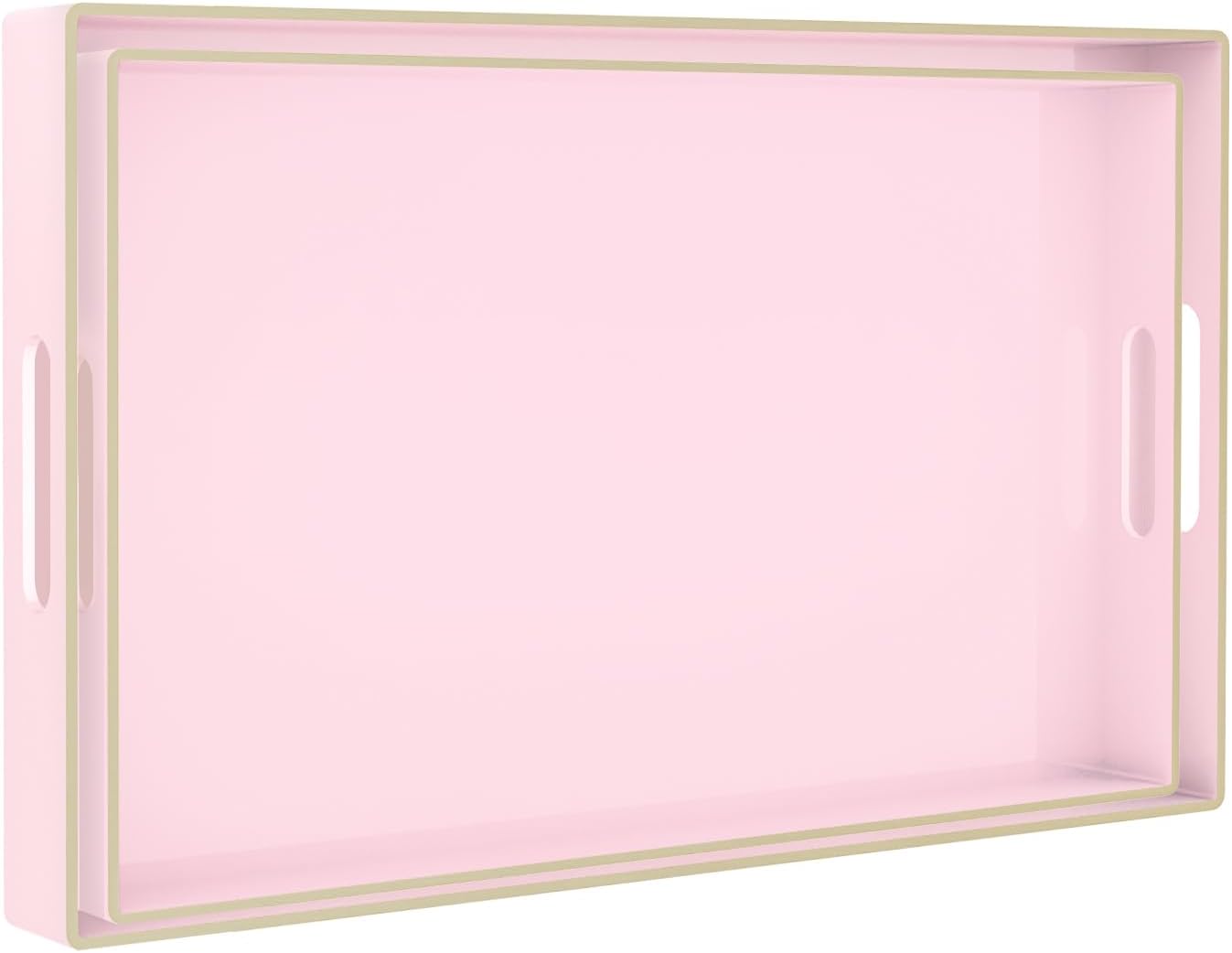 MAONAME Pink Serving Tray Set of 2, Plastic Decorative Trays with Handles, Rectangular Coffee Table Tray for Ottoman, Nesting Trays for Living Room, Bedroom