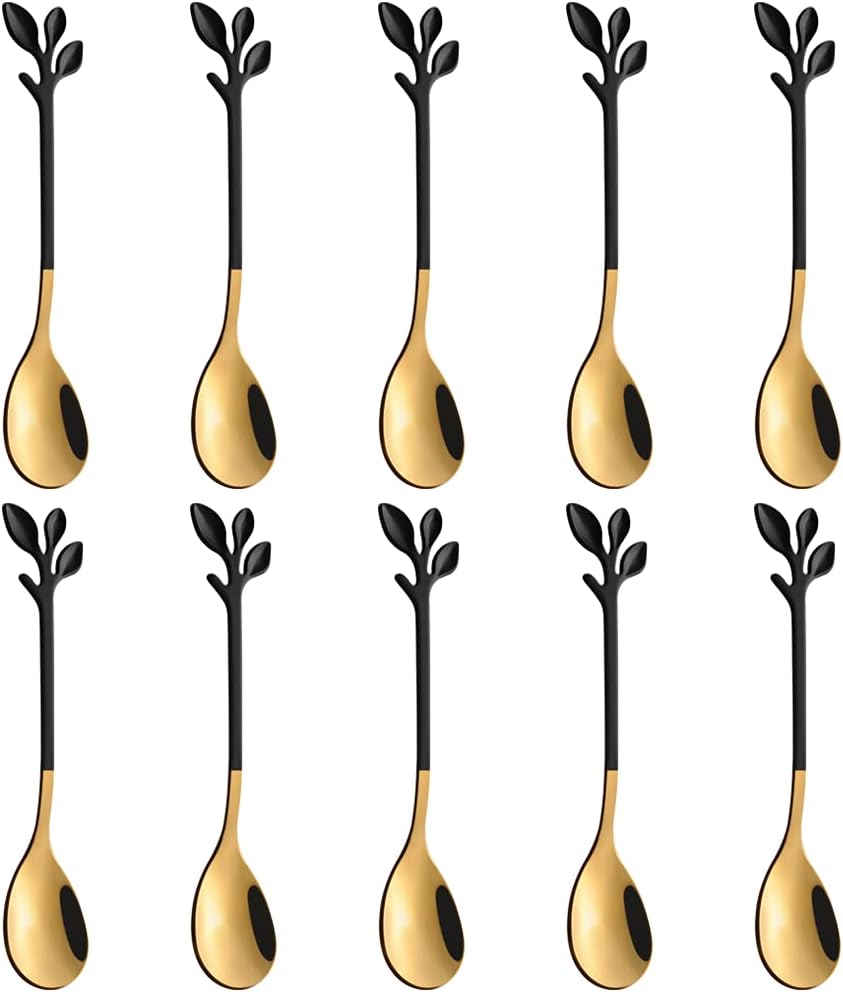 AnSaw Elegant Black & Gold Leaf Espresso Spoons - 10-Piece, 4.7" Mini Stainless Steel Coffee & Dessert Tea Spoons, Perfect for Demitasse & Small Servings