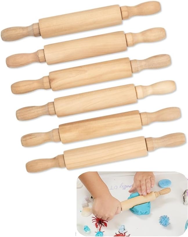 8-Inch Premium Kids Mini Rolling Pins (6-Pack) Splinter-Free, Non-Stick Hardwood for Baking, Sensory Crafts, Play-Doh, Clay, Therapeutic Fine Motor Skills for Toddlers, Great Gift for Children